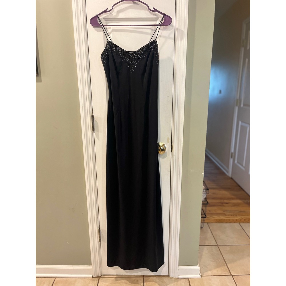 VTG Y2K Dave & Johnny Black Beaded Spaghetti Strap Maxi Prom Gown Slit Goth XS